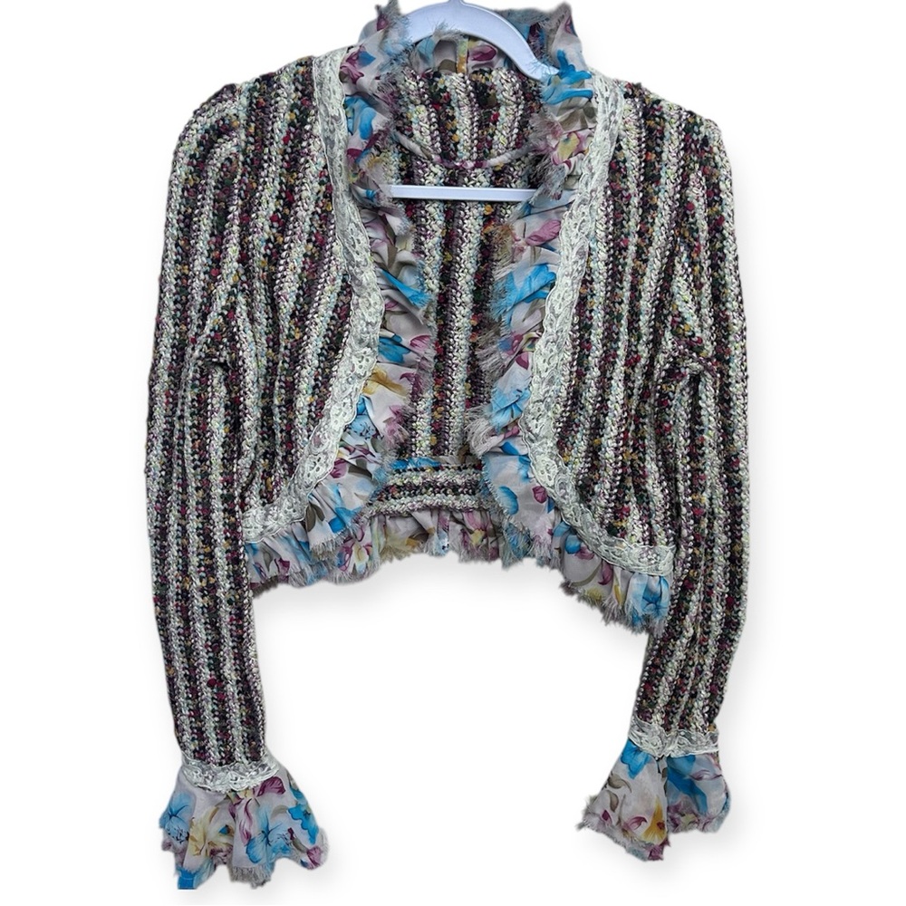 Anthropologie One Girl Who Cropped Striped Floral Colorful Ruffle Cardigan